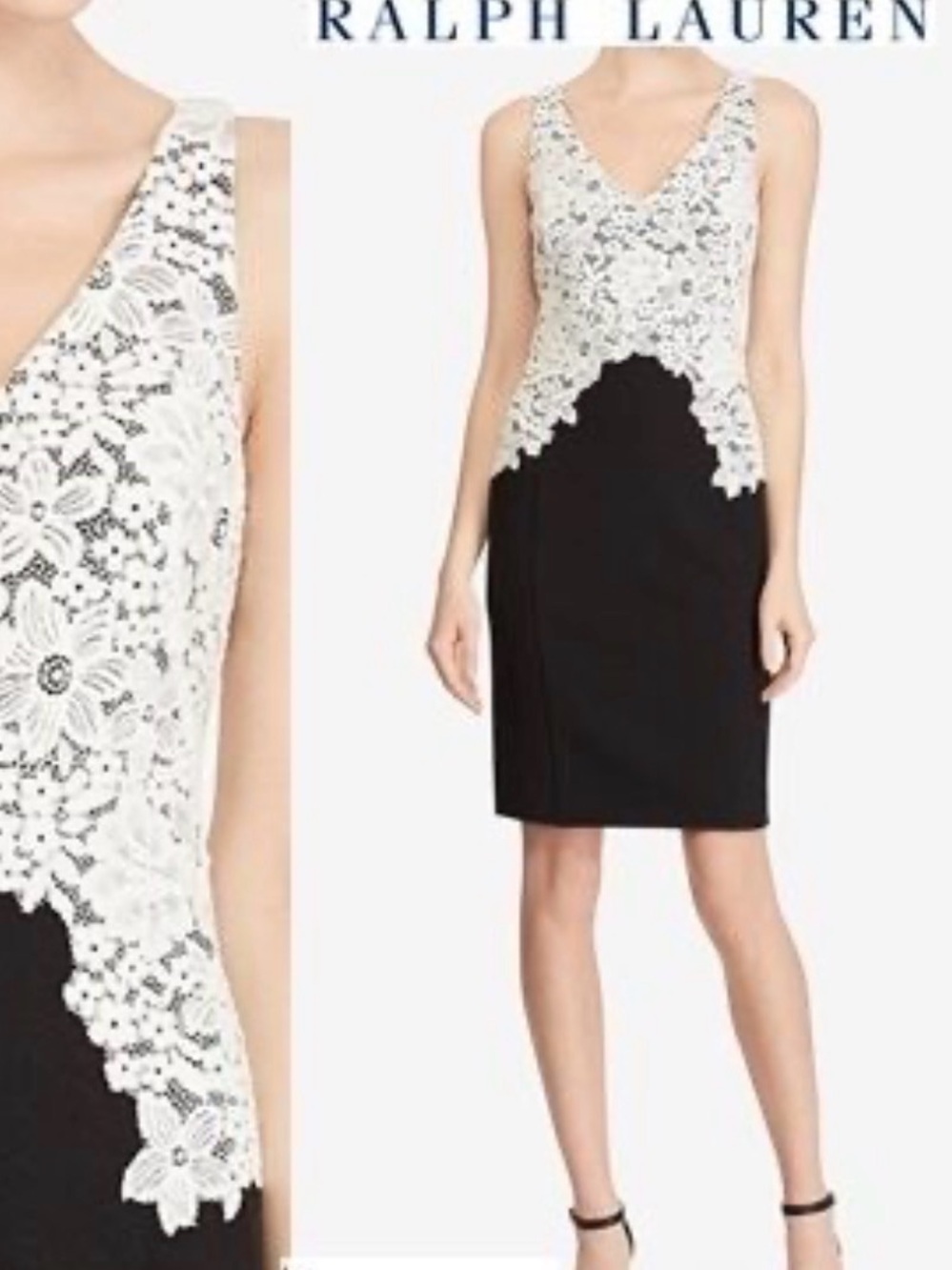 Lauren Ralph Lauren Black White Lace Sheath Dress V-Neck Cocktail 12